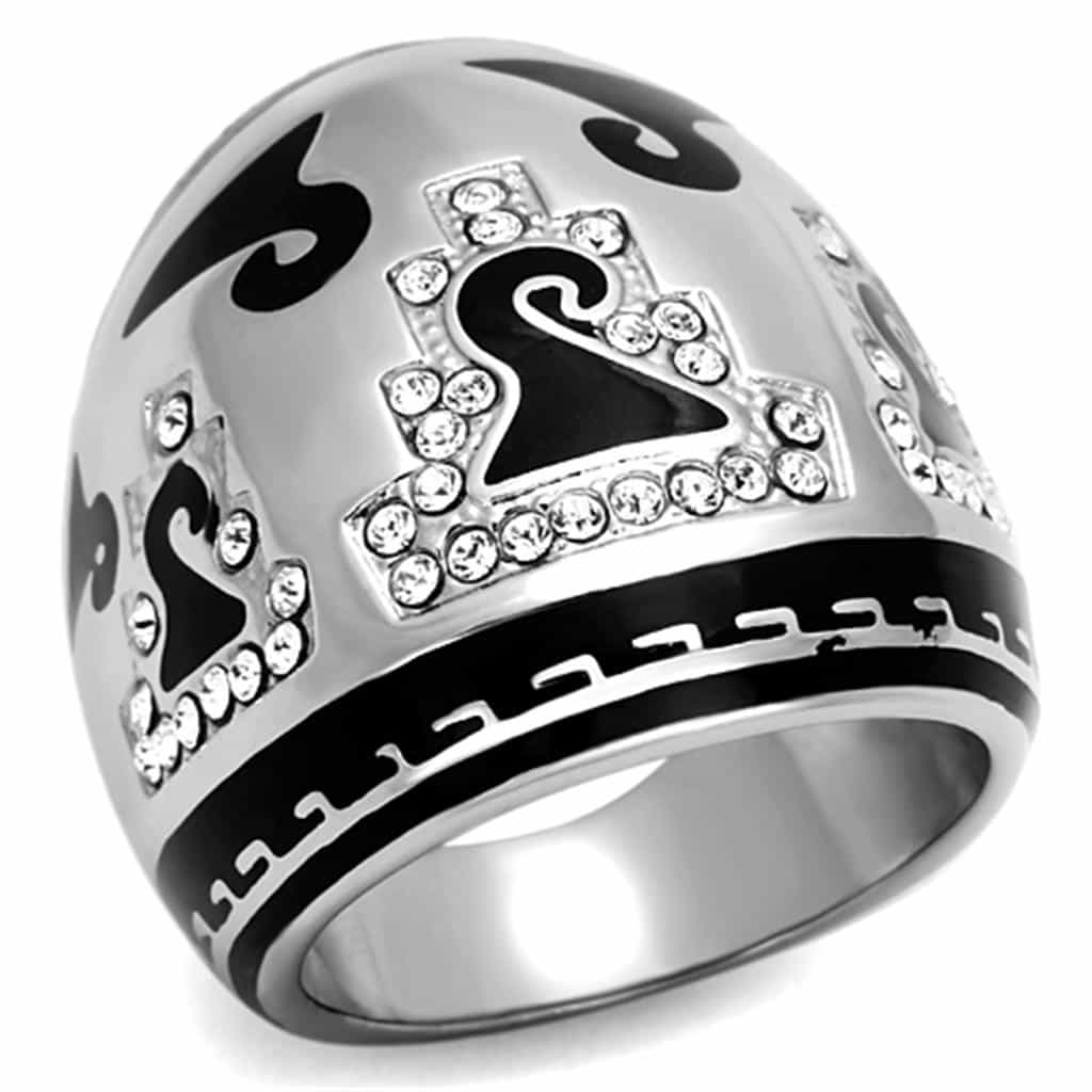 Stainless Steel Silver CZ Pave Black Enamel Fleur De Lis Ring view 5