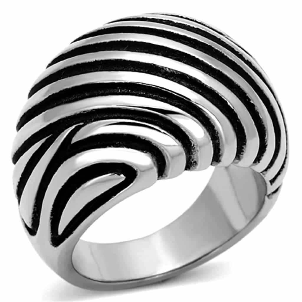 Stainless Steel Silver Black Oxidized Spiral Ribbed Dome Ring view 1
