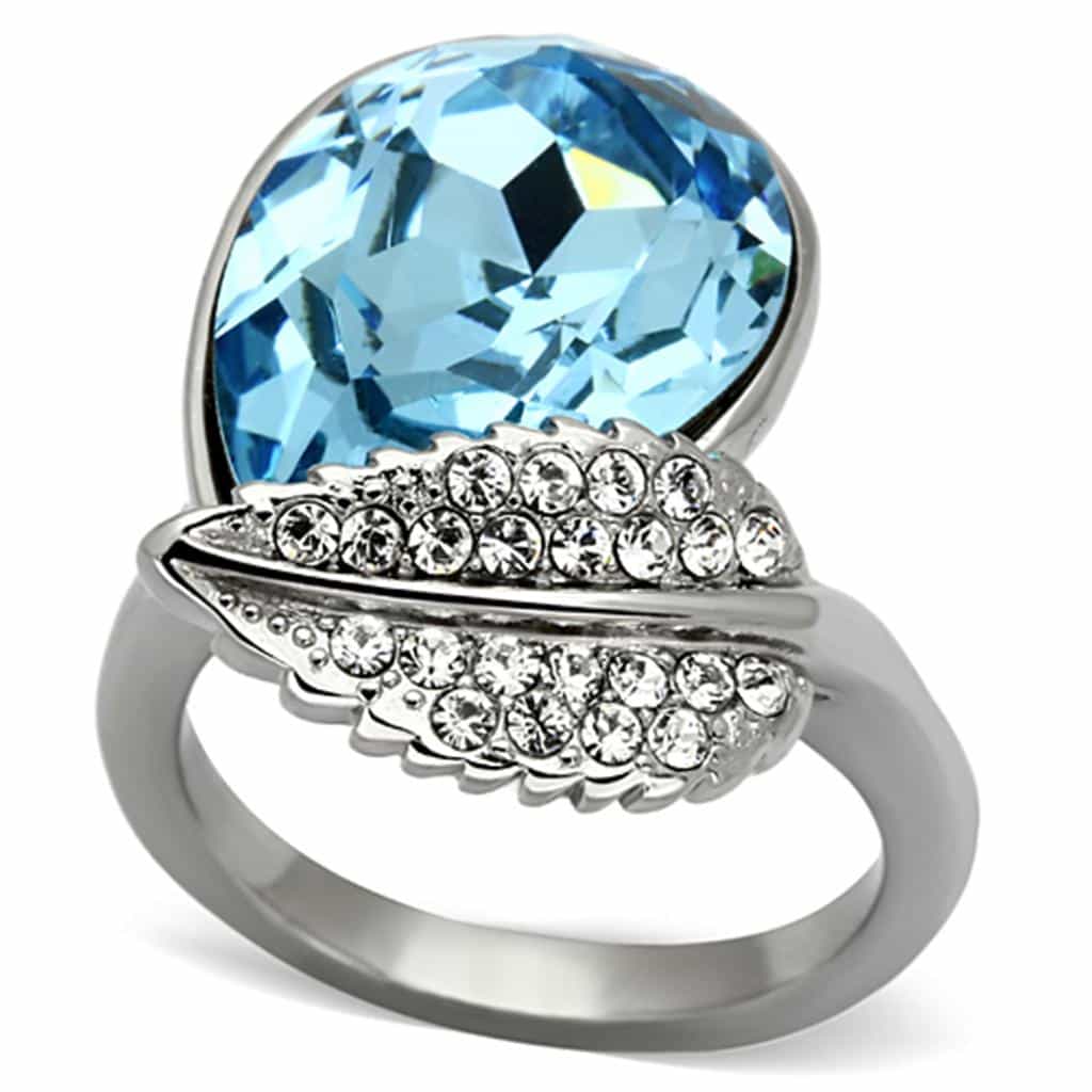 Stainless Steel Silver CZ Large Round Aqua Crystal Leaf Ring view 1