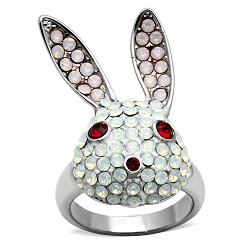 Stainless Steel Silver Crystal Pave Bunny Rabbit Red Eyes Ring view 5