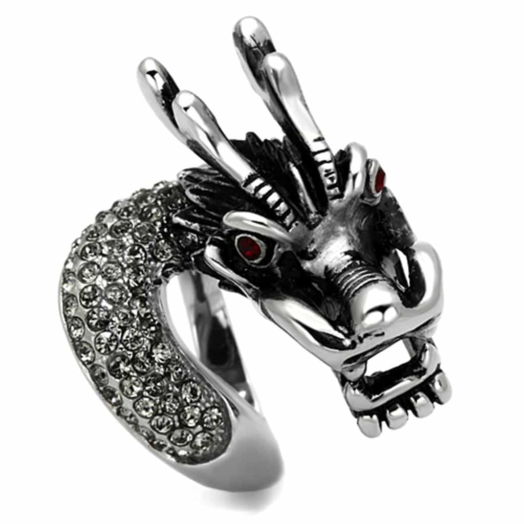 Stainless Steel Silver Oxidized Dragon Head Red Eyes Biker Ring view 1