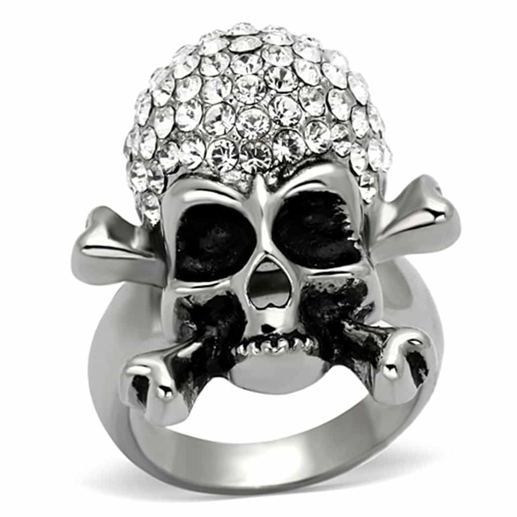 Stainless Steel Silver CZ Pave Skull Crossbones Biker Ring view 1