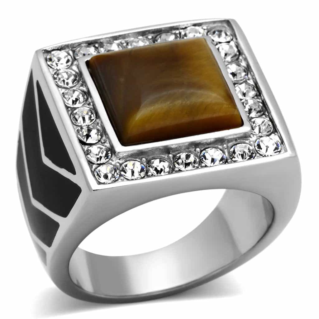 Stainless Steel Silver Tiger Eye Square CZ Halo Mens Signet Ring view 5