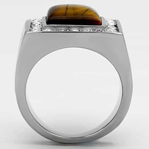 Stainless Steel Silver Tiger Eye Square CZ Halo Mens Signet Ring view 7