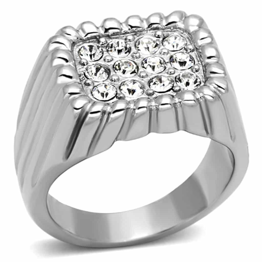 Stainless Steel Silver CZ Pave Ribbed Burst Square Mens Ring view 1