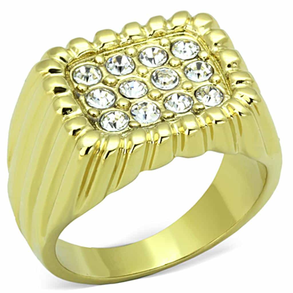 Stainless Steel Gold IP CZ Pave Ribbed Burst Square Mens Ring view 5