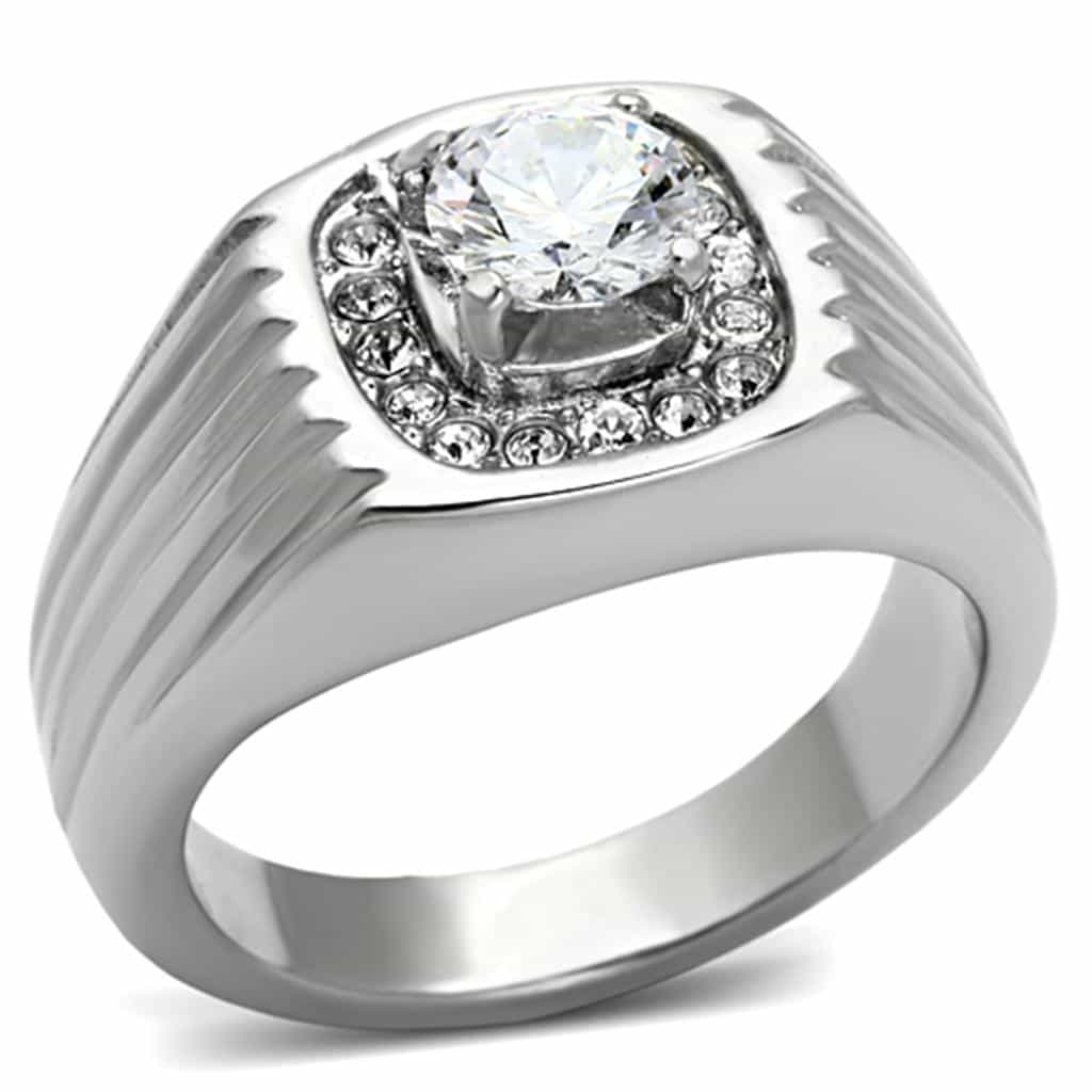 Stainless Steel Silver CZ Cushion Clear Halo Ribbed Mens Ring view 1