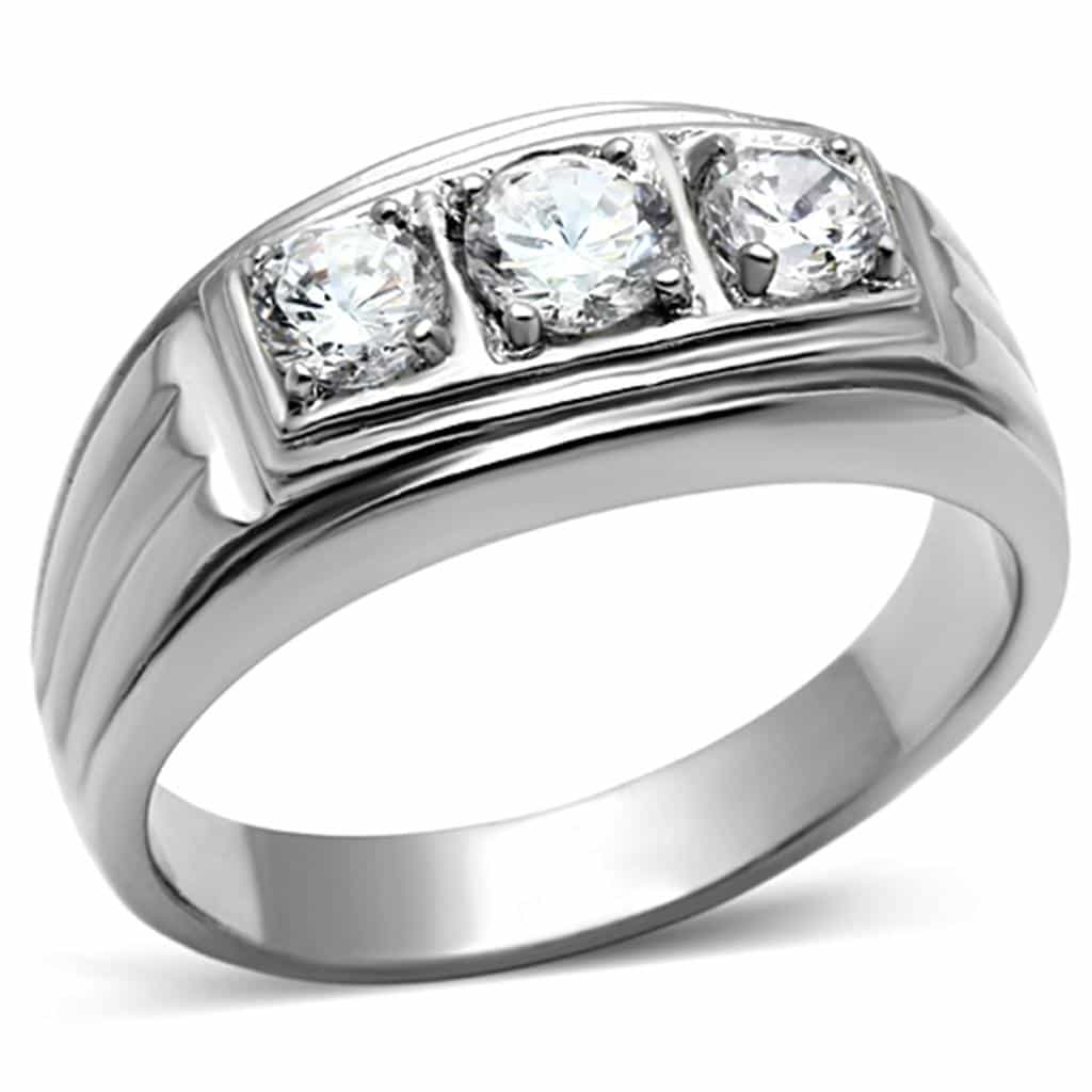 Stainless Steel Silver CZ Three Stone Round Channel Wide Ring view 5