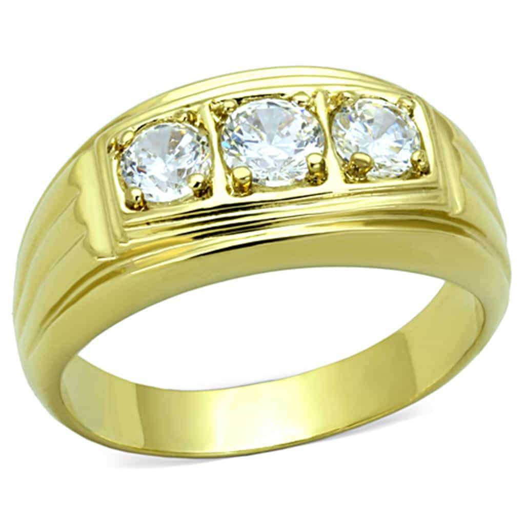 Stainless Steel Gold IP CZ Three Stone Round Channel Wide Ring view 1