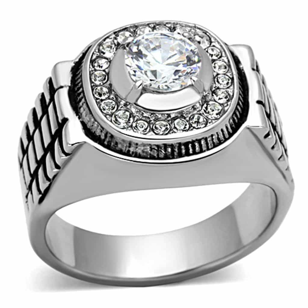 Stainless Steel Silver CZ Round Clear Halo Crosshatch Rolex Ring view 1