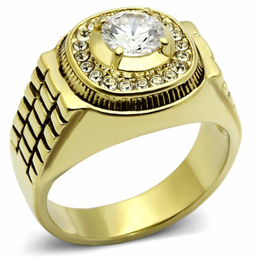 Stainless Steel Gold IP CZ Round Clear Halo Crosshatch Rolex Ring view 1