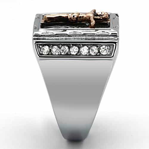 Stainless Steel Silver Rose Gold IP Crucifix Square CZ Mens Ring view 8