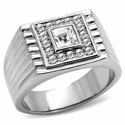 Stainless Steel Silver CZ Princess Clear Halo Ribbed Square Ring view 6