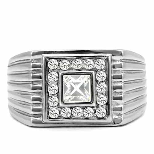 Stainless Steel Silver CZ Princess Clear Halo Ribbed Square Ring view 3