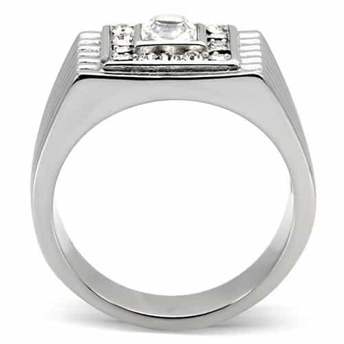 Stainless Steel Silver CZ Princess Clear Halo Ribbed Square Ring view 9