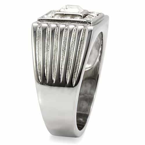 Stainless Steel Silver CZ Princess Clear Halo Ribbed Square Ring view 10
