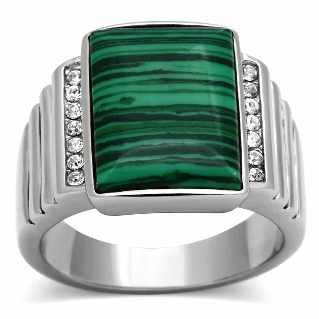 Stainless Steel Silver Malachite Rectangle CZ Channel Mens Ring view 5