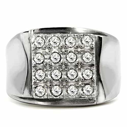 Stainless Steel Silver CZ Grid Pave Polished Square Mens Ring view 8