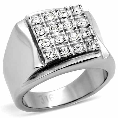 Stainless Steel Silver CZ Grid Pave Polished Square Mens Ring view 1