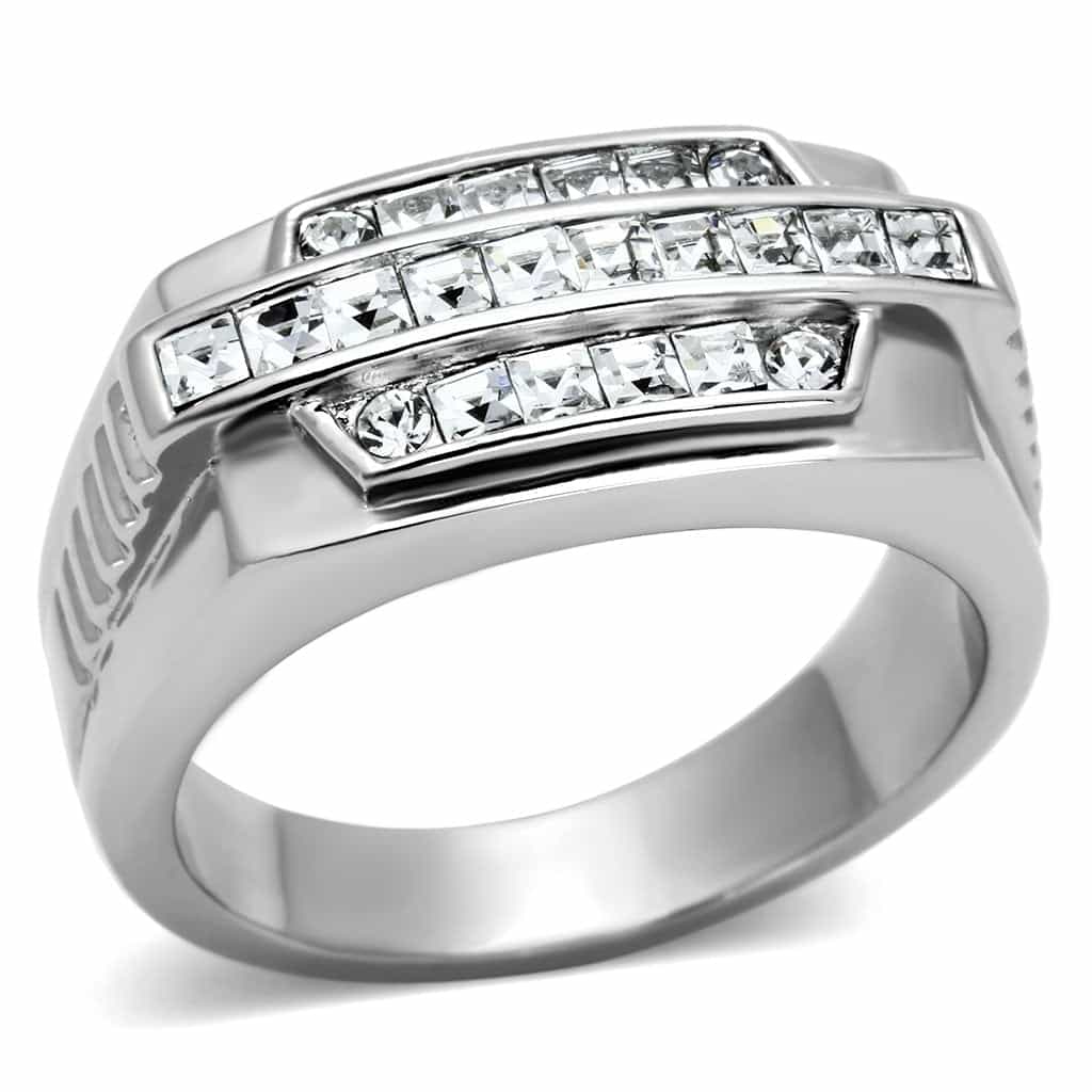 Stainless Steel Silver CZ Princess Channel Ribbed Mens Ring view 5