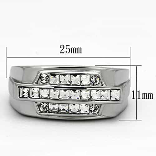 Stainless Steel Silver CZ Princess Channel Ribbed Mens Ring view 6
