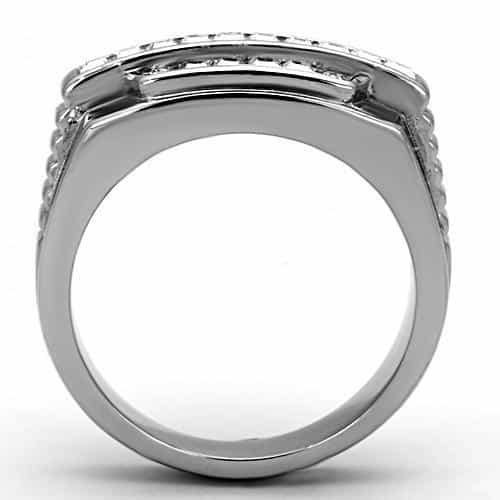 Stainless Steel Silver CZ Princess Channel Ribbed Mens Ring view 7