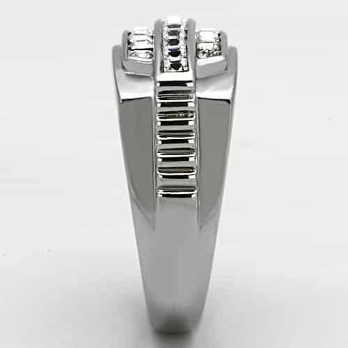 Stainless Steel Silver CZ Princess Channel Ribbed Mens Ring view 8