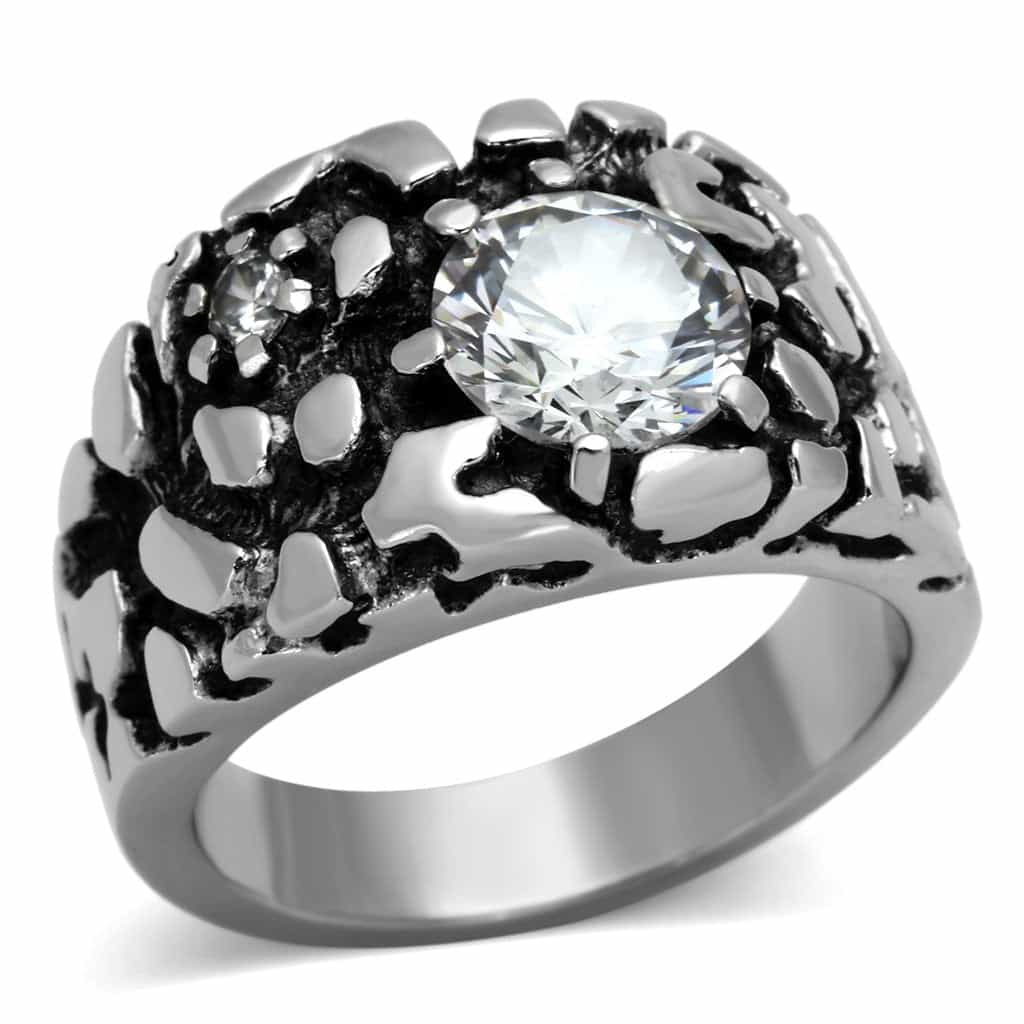 Stainless Steel Silver CZ Round Clear Nugget Texture Mens Ring view 1