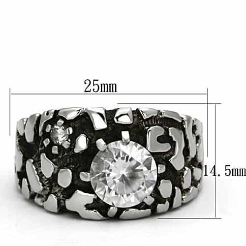 Stainless Steel Silver CZ Round Clear Nugget Texture Mens Ring view 6