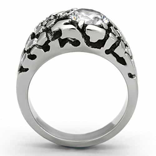 Stainless Steel Silver CZ Round Clear Nugget Texture Mens Ring view 7