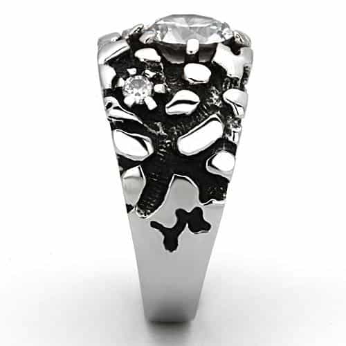 Stainless Steel Silver CZ Round Clear Nugget Texture Mens Ring view 8