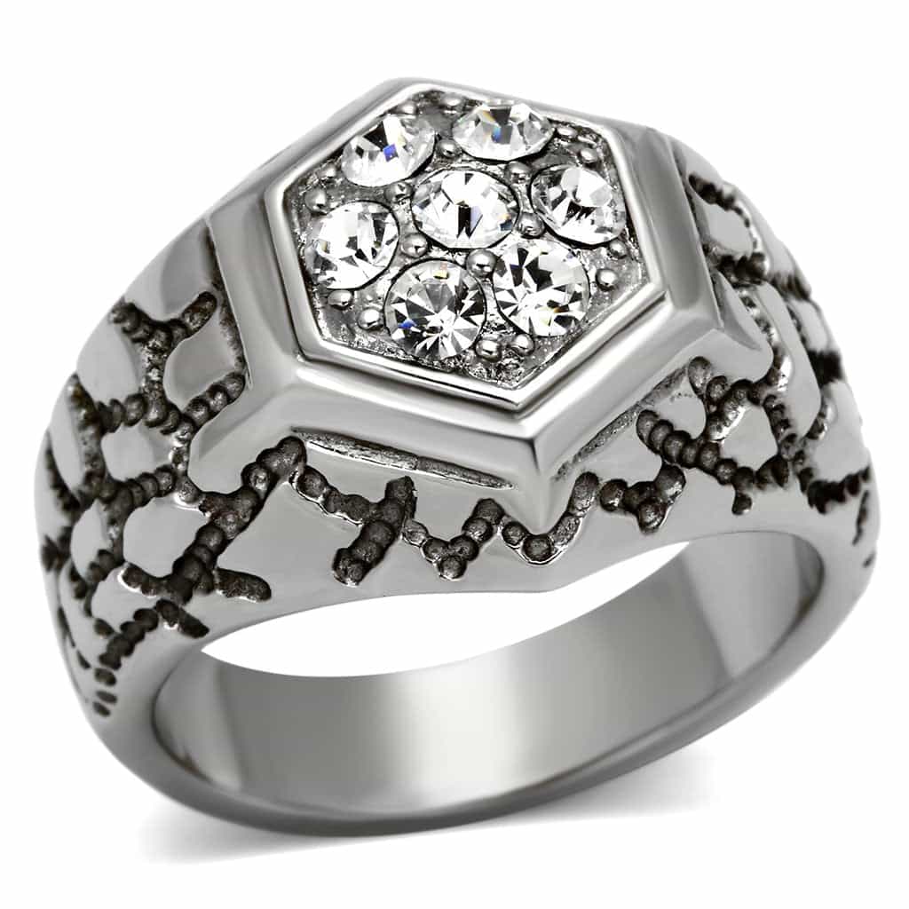 Stainless Steel Silver CZ Hexagon Pave Nugget Texture Mens Ring view 1
