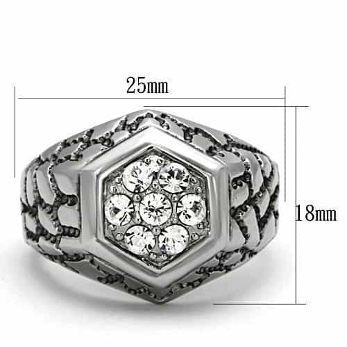 Stainless Steel Silver CZ Hexagon Pave Nugget Texture Mens Ring view 6
