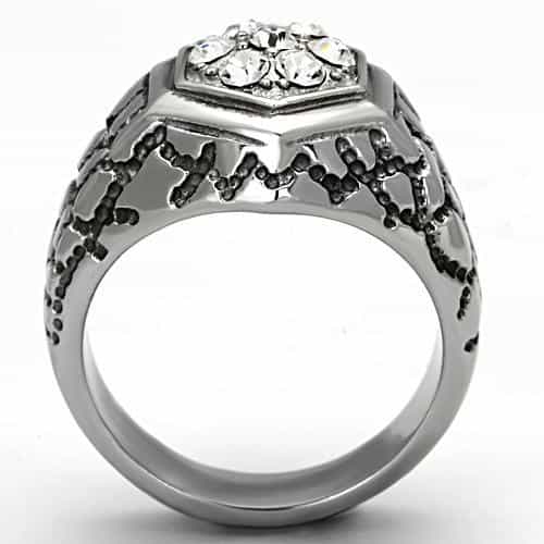 Stainless Steel Silver CZ Hexagon Pave Nugget Texture Mens Ring view 7