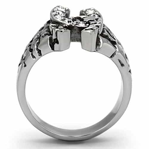 Stainless Steel Silver CZ Horseshoe Nugget Texture Biker Ring view 7