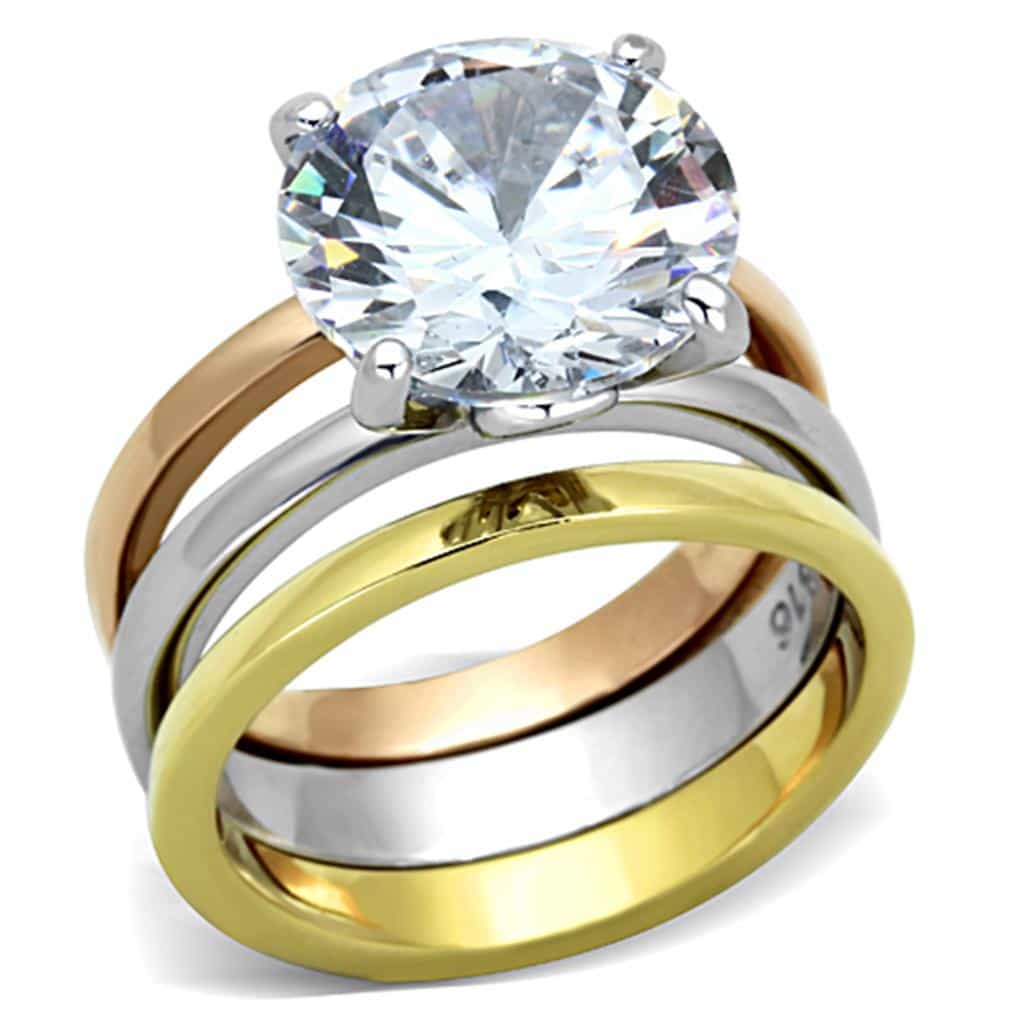 Stainless Steel Silver Gold Rose Gold Tri Tone CZ Round Ring view 1