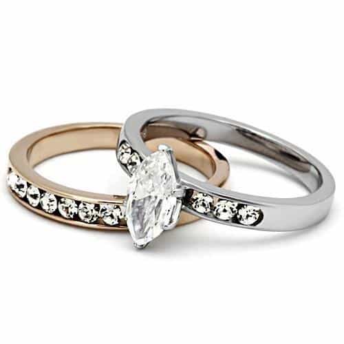 Stainless Steel Silver Rose Gold Tri Tone CZ Marquise Ring view 5