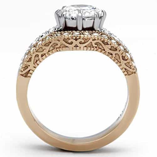 Stainless Steel Silver Rose Gold Tri Tone CZ Round Halo Ring view 8