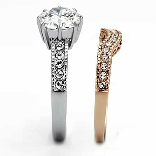 Stainless Steel Silver Rose Gold Tri Tone CZ Round Halo Ring view 4