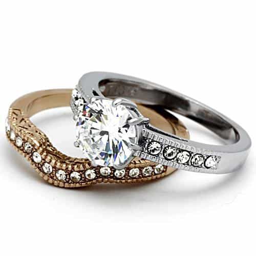 Stainless Steel Silver Rose Gold Tri Tone CZ Round Halo Ring view 5