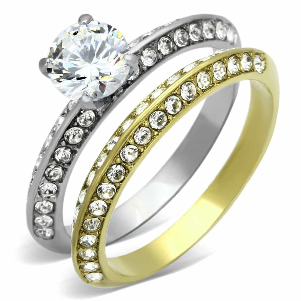 Stainless Steel Silver Gold Tri Tone CZ Round Solitaire Pave Ring view 1