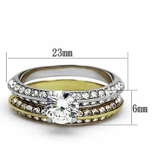 Stainless Steel Silver Gold Tri Tone CZ Round Solitaire Pave Ring view 7