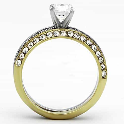 Stainless Steel Silver Gold Tri Tone CZ Round Solitaire Pave Ring view 3