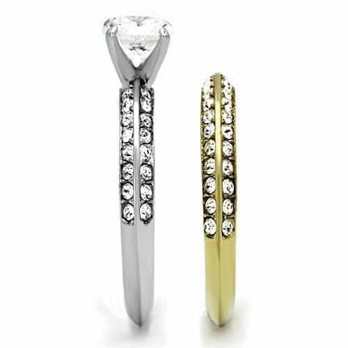 Stainless Steel Silver Gold Tri Tone CZ Round Solitaire Pave Ring view 4