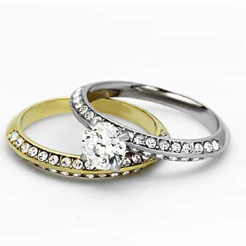 Stainless Steel Silver Gold Tri Tone CZ Round Solitaire Pave Ring view 10
