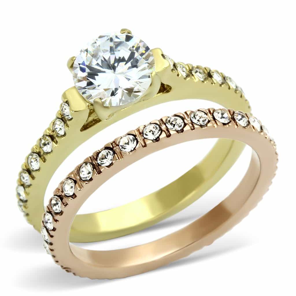 Stainless Steel Gold IP CZ Round Solitaire Pave Star Accent Ring view 6