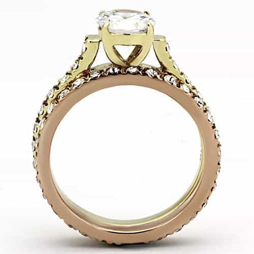 Stainless Steel Gold IP CZ Round Solitaire Pave Star Accent Ring view 3