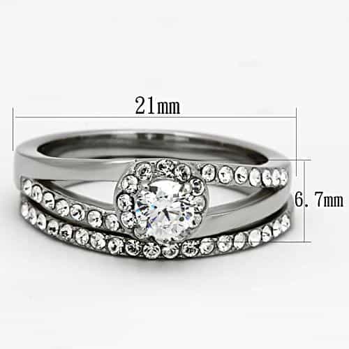 Stainless Steel Silver CZ Round Halo Baguette Side Bridal Ring view 7