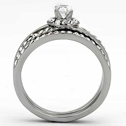 Stainless Steel Silver CZ Round Halo Baguette Side Bridal Ring view 8