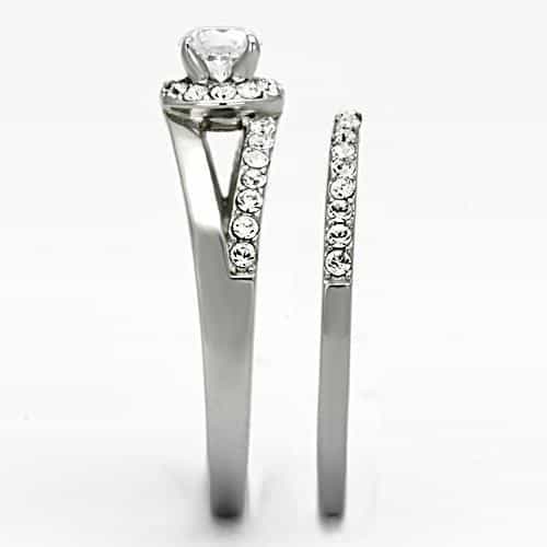 Stainless Steel Silver CZ Round Halo Baguette Side Bridal Ring view 9